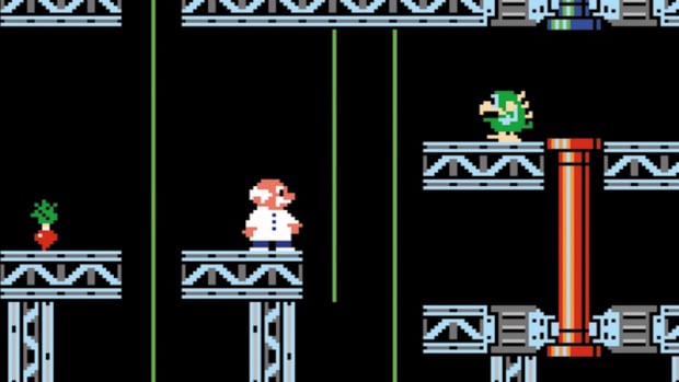 A pixel man with a white coat and mustache is walking across pieces of metal scaffolding